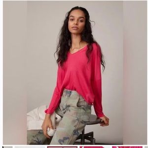 Anthropologie Pink ribbed Long Sleeve V-Neck Top